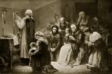 Odprawianie mszy podczas rewolucji francuskiej, ilustracja z „Historii narodów Hutchinsona”, ok. 1915 r. (litografia)