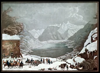 Napoleon Bonaparte (1769-1821) w hospicjum na przełęczy św. Bernarda, 20 maja 1800 r., rycina Merou (akwatinta)