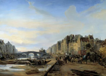 Marie Bridge i Saint Paul Harbour około 1825 roku. Widok na Paryż. Obraz Charlesa Louisa Mozina (1806-1862)