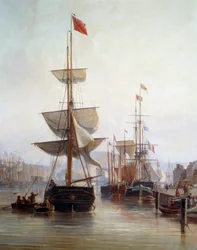 Statek w porcie Rouen w 1855 Szczegół. Obraz Charlesa Louisa Mozina (1806-1862) 1855 Rouen, Musee des Beaux Arts