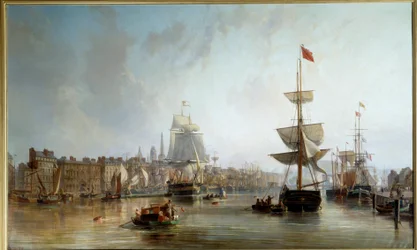 Port w Rouen w 1855 r. Obraz Charlesa Louisa Mozina (1806-1862) 1855 nd. 1,77x2,87 m Rouen, Musee des Beaux Arts