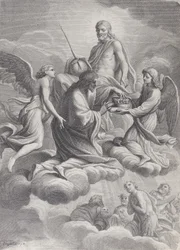 Św. Ludwik Francji przyjęty do nieba przez Chrystusa i dwóch aniołów, którzy ofiarowują mu c..., 1671-80.