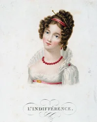 Obojętność Młoda kobieta ubrana w modę Pierwszego Imperium. Litografia Victora Mauduita (1788-?) XIX-wieczny Paryż, sztuka dekoracyjna