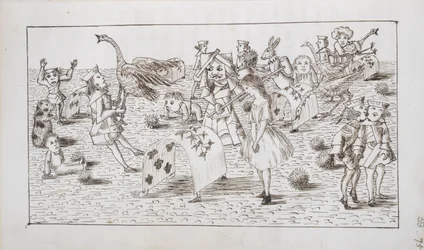 Alicja i Czerwona Królowa gra w krokieta, ilustracja z rozdziału IV „Alicji w krainie czarów” (pióro i atrament na papierze)