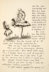 Alice otrzymuje porady od Niebieskiej Gąsienicy, ilustracja z pubu Alice Adventures Under Ground. 1886 (faksymile)