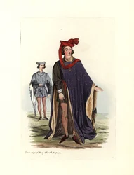 Typowy strój męski z czasów króla Henryka IV i Henryka V, ilustracja z „Civil Costumes of England from the Conquest to the Present”