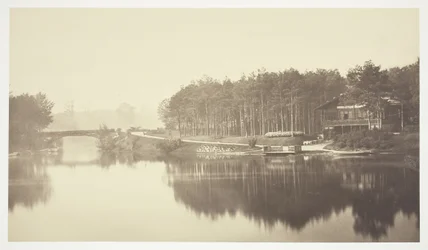 Bez tytułu, ok. 1850. [Most i schronisko w Bois de Boulogne, park w Paryżu].