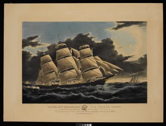Kliper Dreadnought u wybrzeży Tuskar Light 12 i pół dnia od Nowego Jorku podczas słynnego przejścia do doku w Liverpoolu w 13 dni i 11 godzin w grudniu 1854 roku... (litografia, kolorowana)