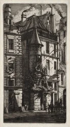 Akwaforty Paryża: Dom z wieżyczką, ulica Tkaczy, 1852.