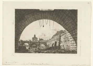 Gezicht op Pont-Neuf van onder boog Pont-au-Change w Paryżu Pont Neuf i Samaritaine spod pierwszego łuku Pont au Change