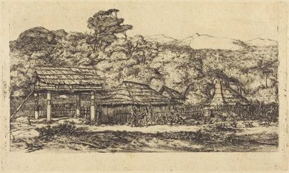 Tubylcze stodoły i chaty w Akaroa, na Półwyspie Banksa, 1845