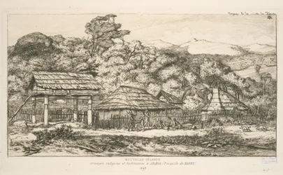 Rodzime spichlerze i mieszkania w Akaroa, Półwysep Banks, ilustracja z „Etchings of the Pacific”