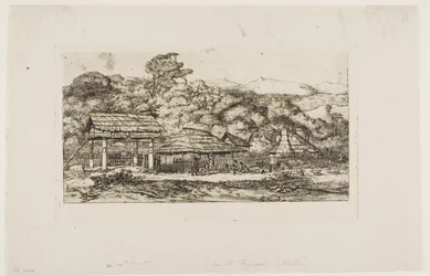 Rodzime stodoły i chaty w Akaroa, Półwysep Banksa, 1845 r.