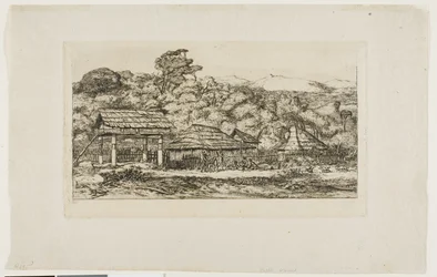 Rodzime stodoły i chaty w Akaroa, Półwysep Banksa, 1845 r.
