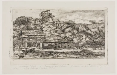 Rodzime stodoły i chaty w Akaroa, Półwysep Banksa, 1845 r.