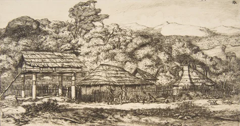 Rodzime stodoły i chaty w Akaroa, Półwysep Banks, 1845, 1860.