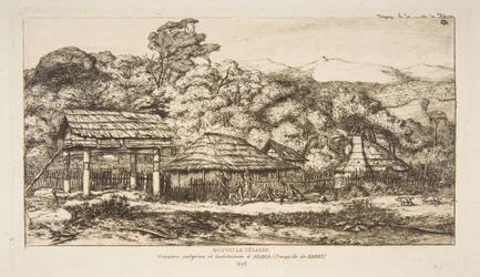 Rdzenne stodoły i chaty w Akaroa na Półwyspie Banksa, 1845, z „Podróży do Nowej Zelandii (1842-46)”