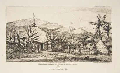 Nowa Kaledonia: Duża chata tubylcza przy drodze z Balade do Puebo, 1845, z „Podróży do Nowej Zelandii (1842-46)”