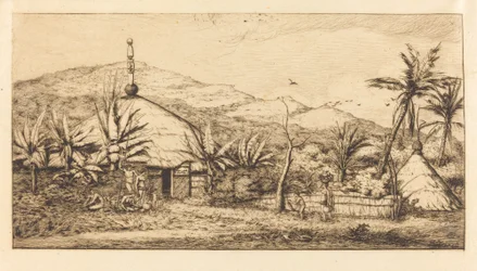 Nowa Kaledonia: Duża rdzenna chata na drodze z Ballade do Poebo, 1845 (Nowa Kaledonia: Duża rdzenna chata na drodze z Balade do Puebo, 1845)