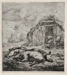 Trzy świnie leżące przed chlewem, 1850.