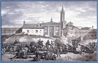Kampanie włoskie: „” Napoleon Bonaparte (1769-1821) i marechal Augereau ustawili drzwi Werony we Włoszech z armaty w 1796 roku””” Rysunek piórem przypisywany Charlesowi Meynierowi (1768-1832). Ciemny. 0,25x0,4m. Paryż, Luwr