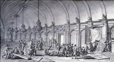 Grabież dzieł sztuki za Napoleona Bonaparte: „Madonna z Correge (Antonio Correggio) została zabrana z Akademii Parmy i przekazana francuskim kuratorom w maju 1796 roku”. Rysunek tuszem chińskim autorstwa Charlesa Meyniera (1768-1832). Ciemny. 0,17x0,32 m²