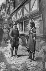 Kapitan John Smith spotyka czerwonego przyjaciela Indian z Wirginii podczas spaceru po The Strand w Londynie (lito)