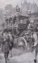 Król Edward VII i królowa Aleksandra w autokarze wracają z koronacji w Opactwie Westminsterskim w Londynie