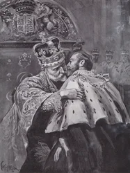 Król Edward VII obejmujący swego syna, księcia Walii, podczas koronacji króla, Westminster Abbey, Londyn