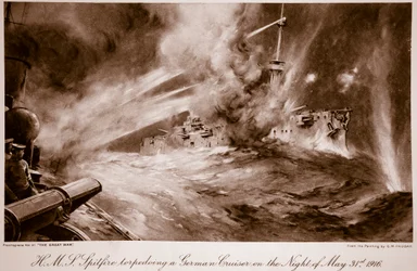 H.M.S Spitfire torpeduje niemiecki krążownik w nocy 31 maja