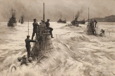 Nowe brytyjskie okręty podwodne opuszczające Milford Haven (Anglia), aby wejść do akcji. Rysunek i pranie (30,4x45,5 cm) autorstwa Charlesa M. Paddaya (), początek XX wieku.