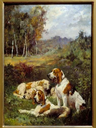 Cztery psy myśliwskie. Obraz Charlesa Oliviera De Penne (1831-1897)