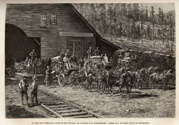 Stacja Reno, aby dostać się do Virginia City (Nevada), na Central Pacific Railway (Central Pacific), wygrawerowana według rysunku O. de Penne, ilustrującego podróż z Waszyngtonu do San Francisco w 1868 r. przez L. Simonin, opublikowany w „Le t