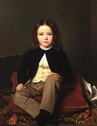 Portret chłopca siedzącego na poduszce trzymającego róg