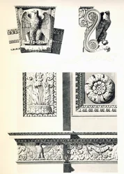 Dekoracja z orłami, rozetami i liśćmi akantu dla Arc de Triomphe du Carrousel, Charles Percier (1764-1838) i Pierre Francois Leonard Fontaine (1762-1853), rycina Louis Pierre Baltard (1764-1846), detal, Francja