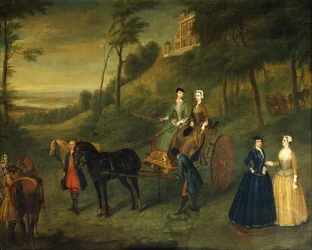 Panie i druhny w Greenwich Park: portret grupowy Juliany, księżnej Leeds, lady Charlotte Hamilton, lady Isabelli Tufton i Henrietty, hrabiny Pomfret, wszystkie w habitach jeździeckich, z panem młodym i końmi przed obserwatorium, 173