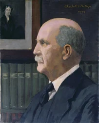 William Henry Bragg (1862-1942) ze zdjęciem Michaela Faradaya (1791-1867) w tle, 1939