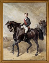 Portret konny księcia cesarskiego Eugeniusza Ludwika Napoleona, syna Napoleona III (1856 - 1879). Obraz Charlesa Poriona (XIX wiek)