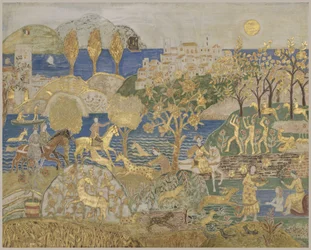 Hill Town, ok. 1928 (tempera, grafit i złoty płatek na naciętym, zaimpregnowanym panelu)
