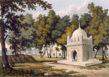 Grobowce w pobliżu Etaya, z "A Picturesque Tour Along the Rivers Ganges and Jumna in India", rytowane przez Thomasa Sutherlanda, opublikowane przez Ackermanna, 1824 (akwatinta)