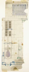 Projekt szafy, pokazany na elewacji, z do połowy pełnowymiarowymi detalami płyciny ozdobnej, 1904