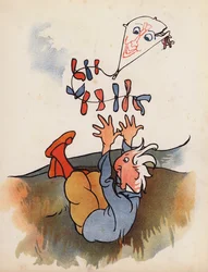 Nonsens: Człowiek spadający z latawca (kolorowa litografia)