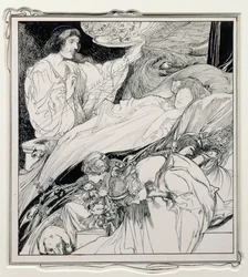 Tam leżała, wyglądając tak pięknie, ilustracja z Briar Rose, The True Annals of Fairyland - The Reign of King Herla, wyd. przez J.M. Dent & Co. Ltd., 1900
