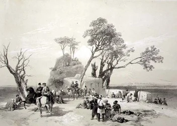Panjab: Placówka Rhodawala zajęta przez brytyjskich pikinierów 10 lutego 1845 r., tablica 8 z "Recollections of India", wyryta przez Jamesa Duffielda Hardinga (1798-1863) 1847 (lito)