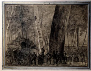 Rewolucja Francuska: „”Ciało Jean-Paul Marat (1743-1793) pochowane w ogrodzie Cordelierów”” Rysunek Charlesa Thevenina (1764-1838) 1793 Wersal, Musee Lambinet