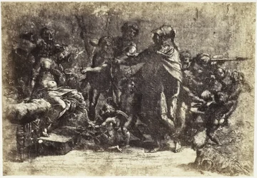 Reprodukcja fotograficzna rysunku Rafaela, scena z żołnierzami, nagą kobietą i aniołem