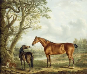 Myśliwi i spaniel w rozległym krajobrazie, 1827