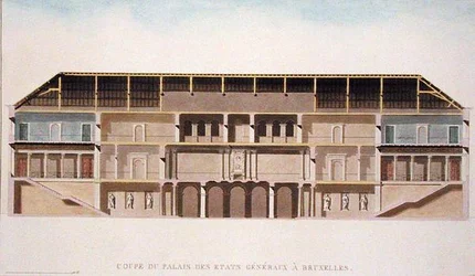 Przekrój Palais des Etats Generaux, Bruksela, z „Wybór najbardziej niezwykłych zabytków, budynków i domów Królestwa Niderlandów” Pierre