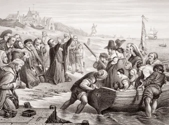 Wyjazd Ojców Pielgrzymów z Delft Haven w lipcu 1620 r. z „Illustrations of English and Scottish History” Tom I (rycina)