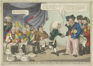 Dokter Napoleon zet de Europese vorsten op de pot, 1808 Doctor Boney - sprowadzanie mocy do puli, czyli John Bull i jego przyjaciele raczej nieśmiały (tytuł na obiekcie)